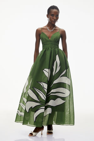 Aurohaya Dryope Emerald Green Plunge Neck Ruched Maxi Dress