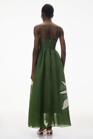 Aurohaya Dryope Emerald Green Plunge Neck Ruched Maxi Dress