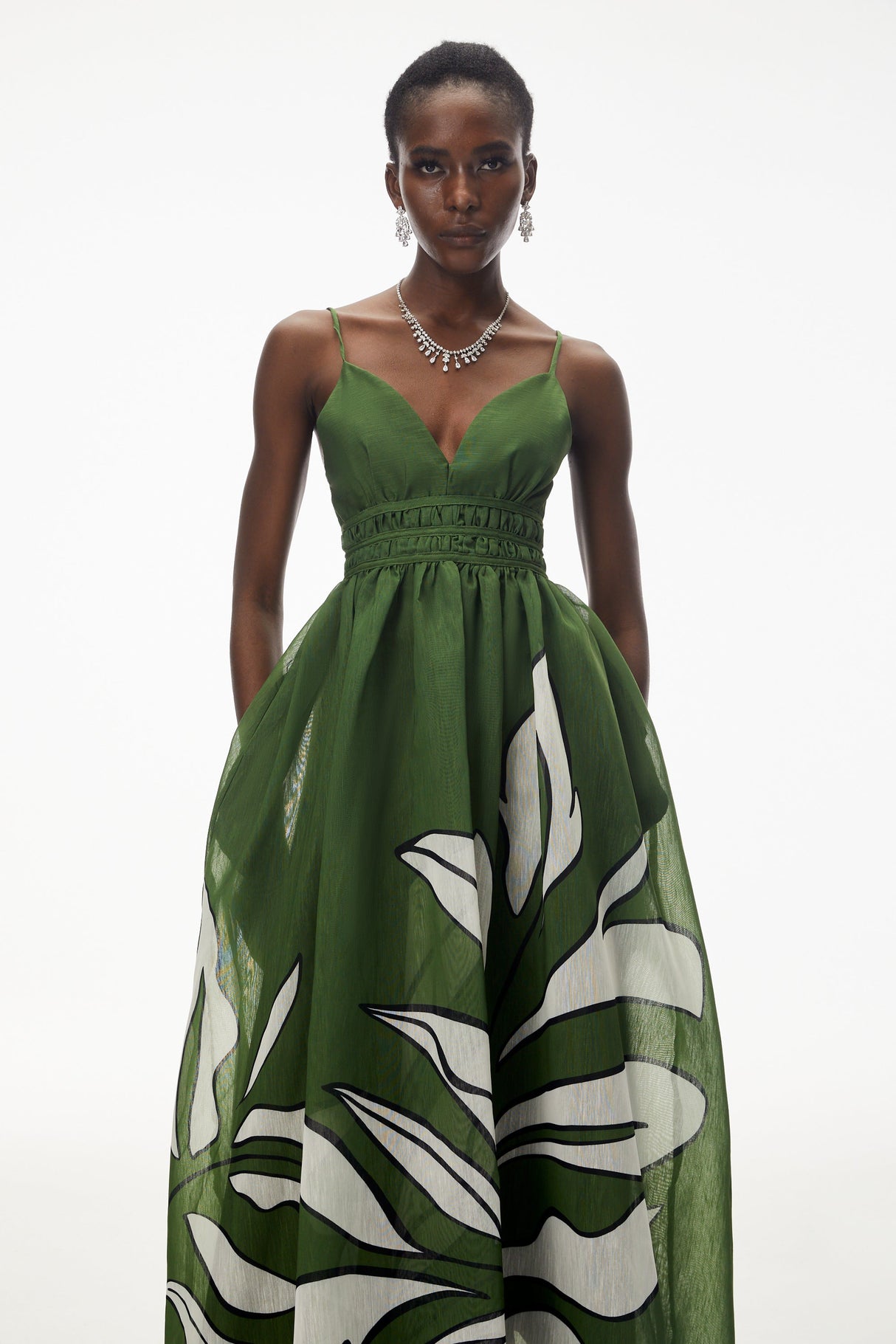 Aurohaya Dryope Emerald Green Plunge Neck Ruched Maxi Dress