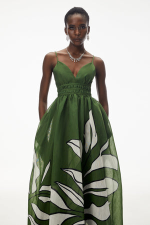 Aurohaya Dryope Emerald Green Plunge Neck Ruched Maxi Dress