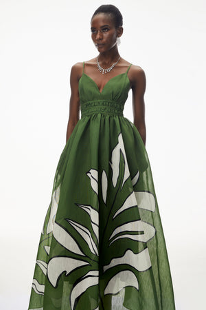 Aurohaya Dryope Emerald Green Plunge Neck Ruched Maxi Dress