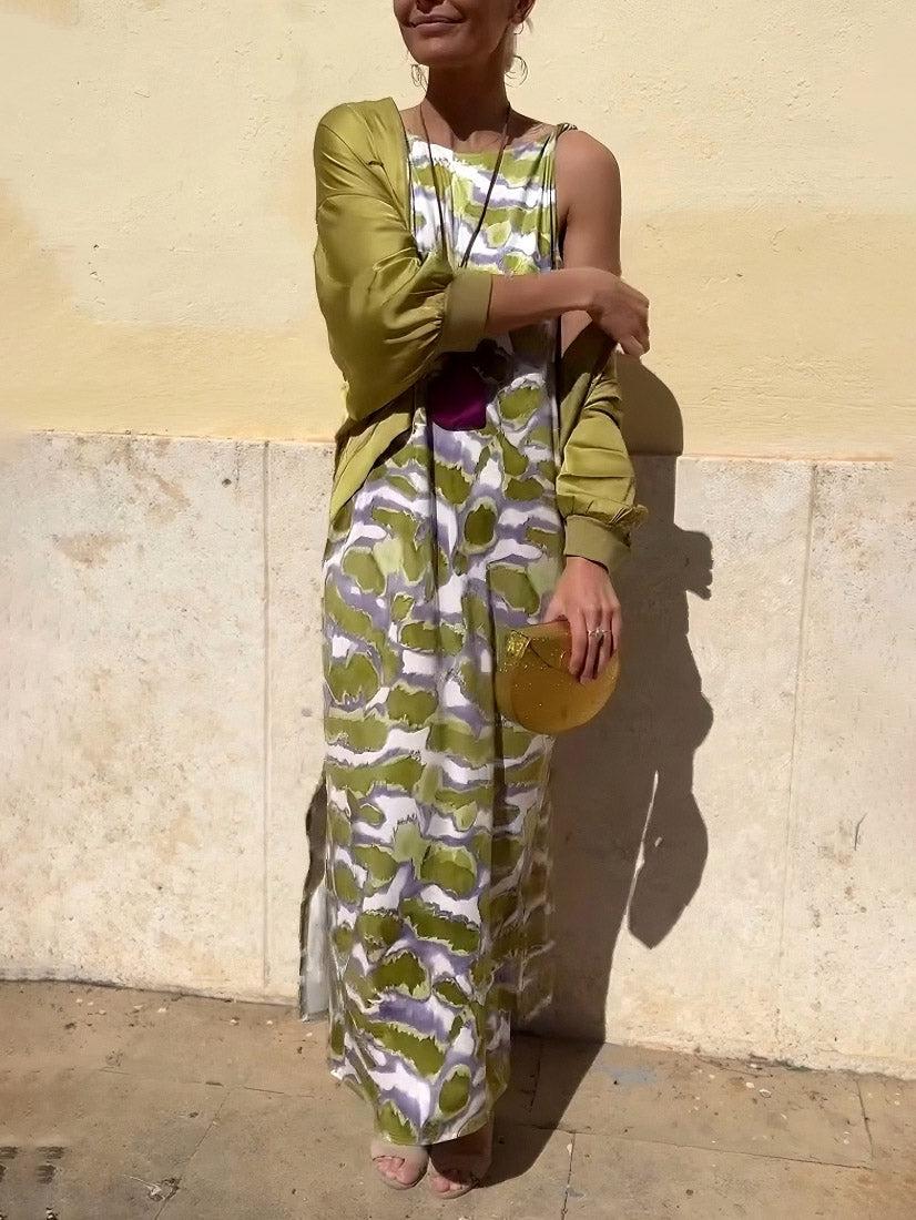 Aurohaya Fashion Satin Tie-Dye Printed Slit Vest Maxi Dress Green