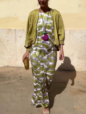 Aurohaya Fashion Satin Tie-Dye Printed Slit Vest Maxi Dress