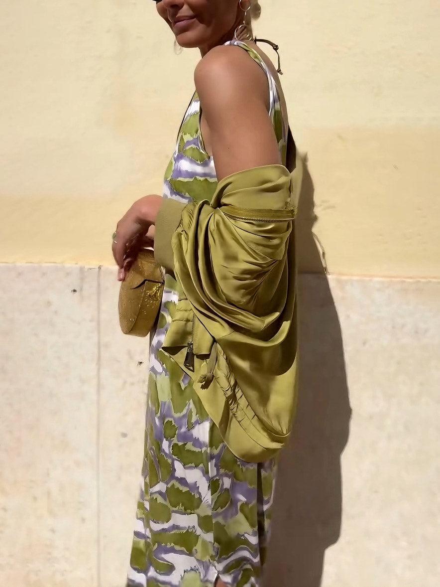 Aurohaya Fashion Satin Tie-Dye Printed Slit Vest Maxi Dress