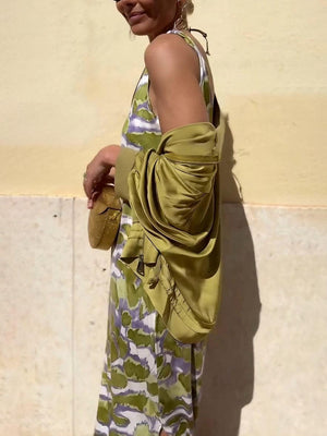 Aurohaya Fashion Satin Tie-Dye Printed Slit Vest Maxi Dress