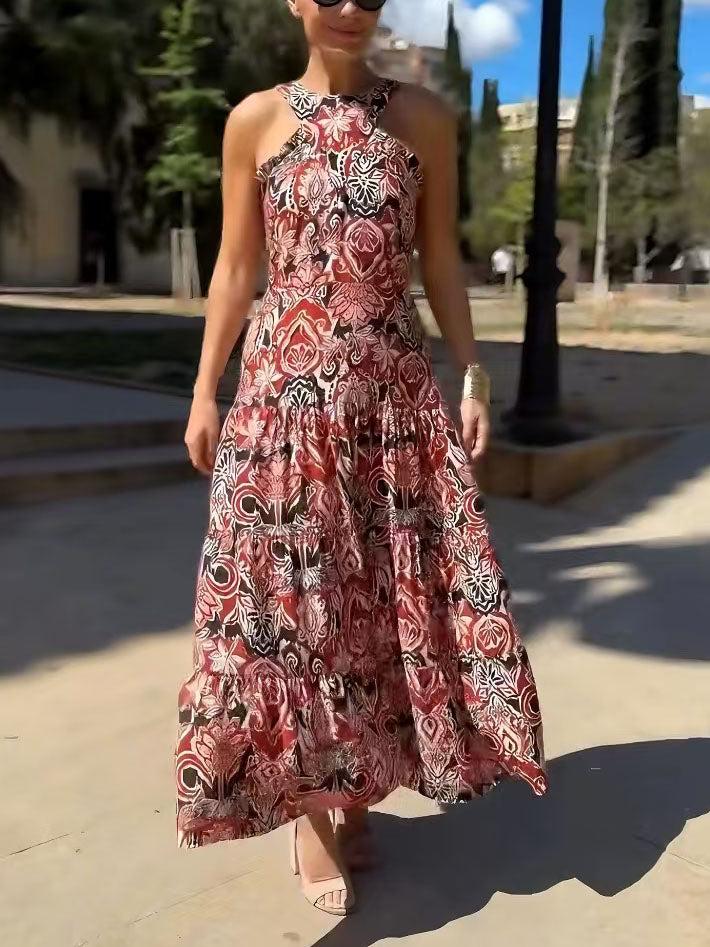 Aurohaya Vintage Ethnic Print Layered Midi Dress