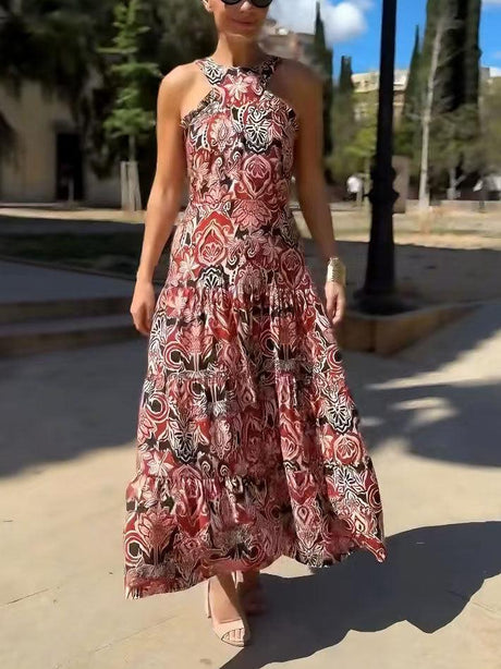 Aurohaya Vintage Ethnic Print Layered Midi Dress