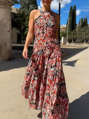 Aurohaya Vintage Ethnic Print Layered Midi Dress Dark red