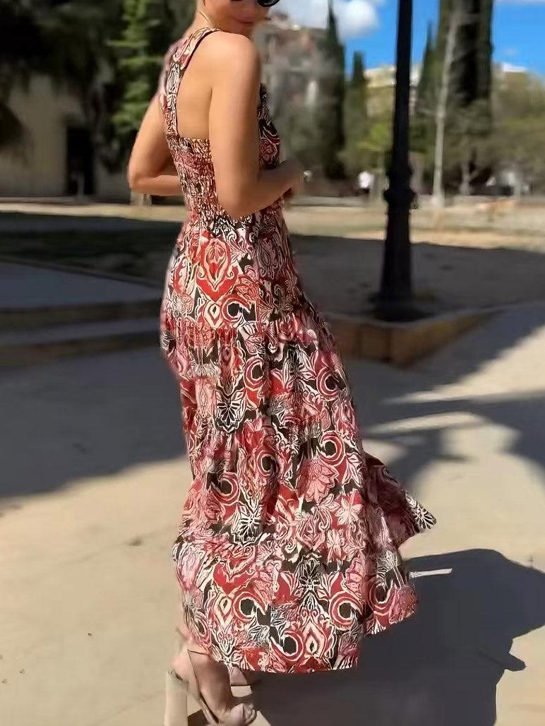 Aurohaya Vintage Ethnic Print Layered Midi Dress