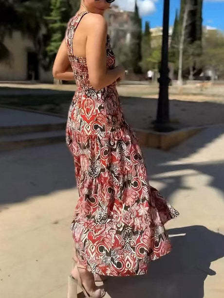 Aurohaya Vintage Ethnic Print Layered Midi Dress