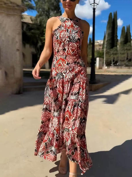 Aurohaya Vintage Ethnic Print Layered Midi Dress