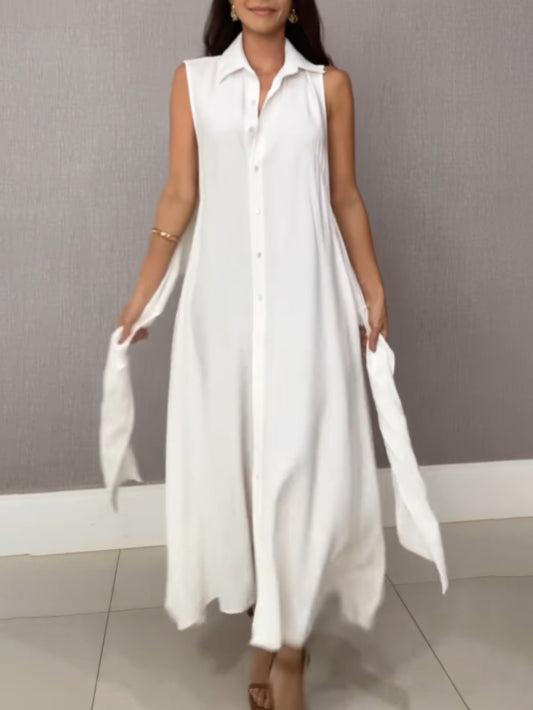 Aurohaya Unique Shirt Style Single-breasted Tie Midi Dress