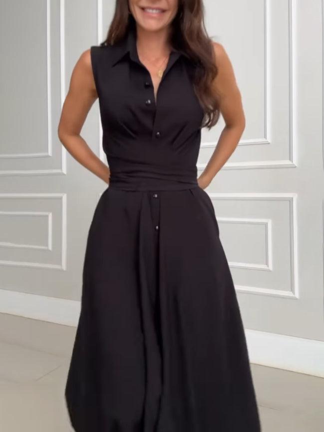 Aurohaya Unique Shirt Style Single-breasted Tie Midi Dress