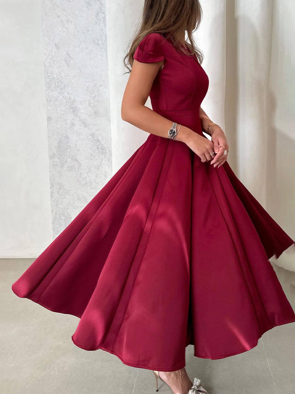 Aurohaya Elegant Pleated V-Neck Waisted A-Line Midi Dress