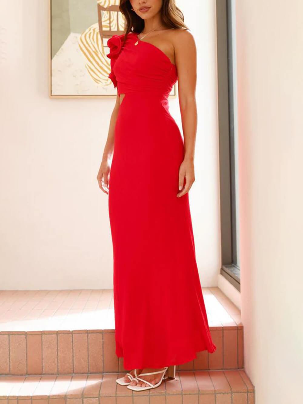 Aurohaya Prom Fashion Pleated One-Shoulder Hollow Slim Maxi Dress