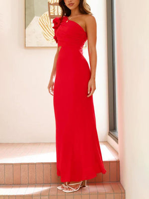 Aurohaya Prom Fashion Pleated One-Shoulder Hollow Slim Maxi Dress