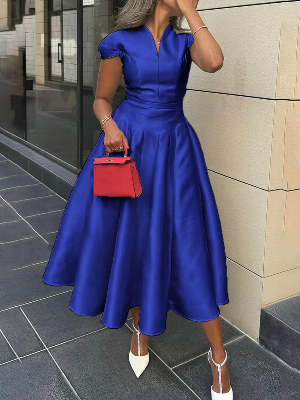 Aurohaya Elegant Pleated V-Neck Waisted A-Line Midi Dress Blue