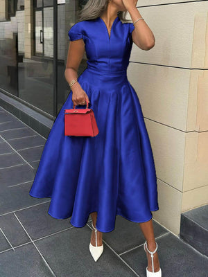Aurohaya Elegant Pleated V-Neck Waisted A-Line Midi Dress Blue