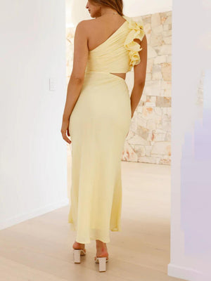 Aurohaya Prom Fashion Pleated One-Shoulder Hollow Slim Maxi Dress