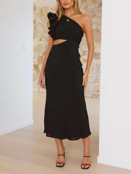 Aurohaya Prom Fashion Pleated One-Shoulder Hollow Slim Maxi Dress