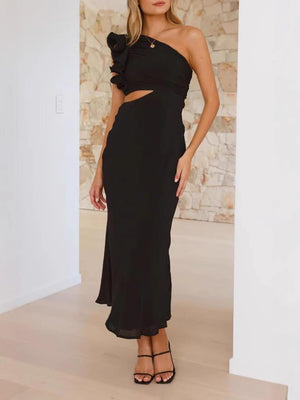 Aurohaya Prom Fashion Pleated One-Shoulder Hollow Slim Maxi Dress Black