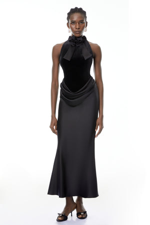 Aurohaya Ecaterina Black Bow Detail Corset Maxi Dress