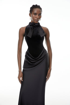 Aurohaya Ecaterina Black Bow Detail Corset Maxi Dress