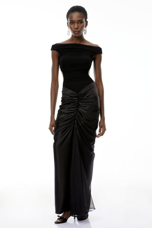 Aurohaya Eden Black Off-Shoulder Ruched Maxi Dress