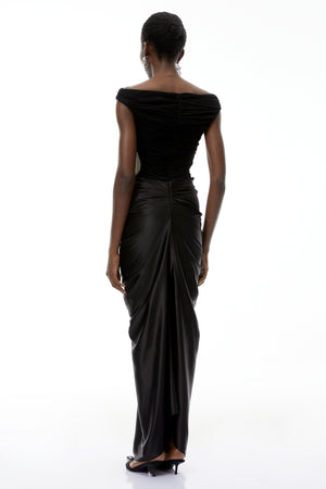 Aurohaya Eden Black Off-Shoulder Ruched Maxi Dress