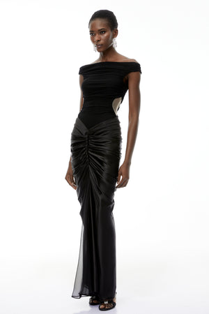 Aurohaya Eden Black Off-Shoulder Ruched Maxi Dress