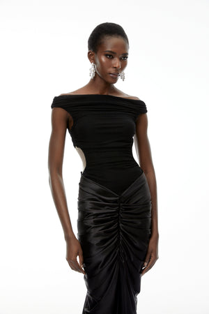 Aurohaya Eden Black Off-Shoulder Ruched Maxi Dress