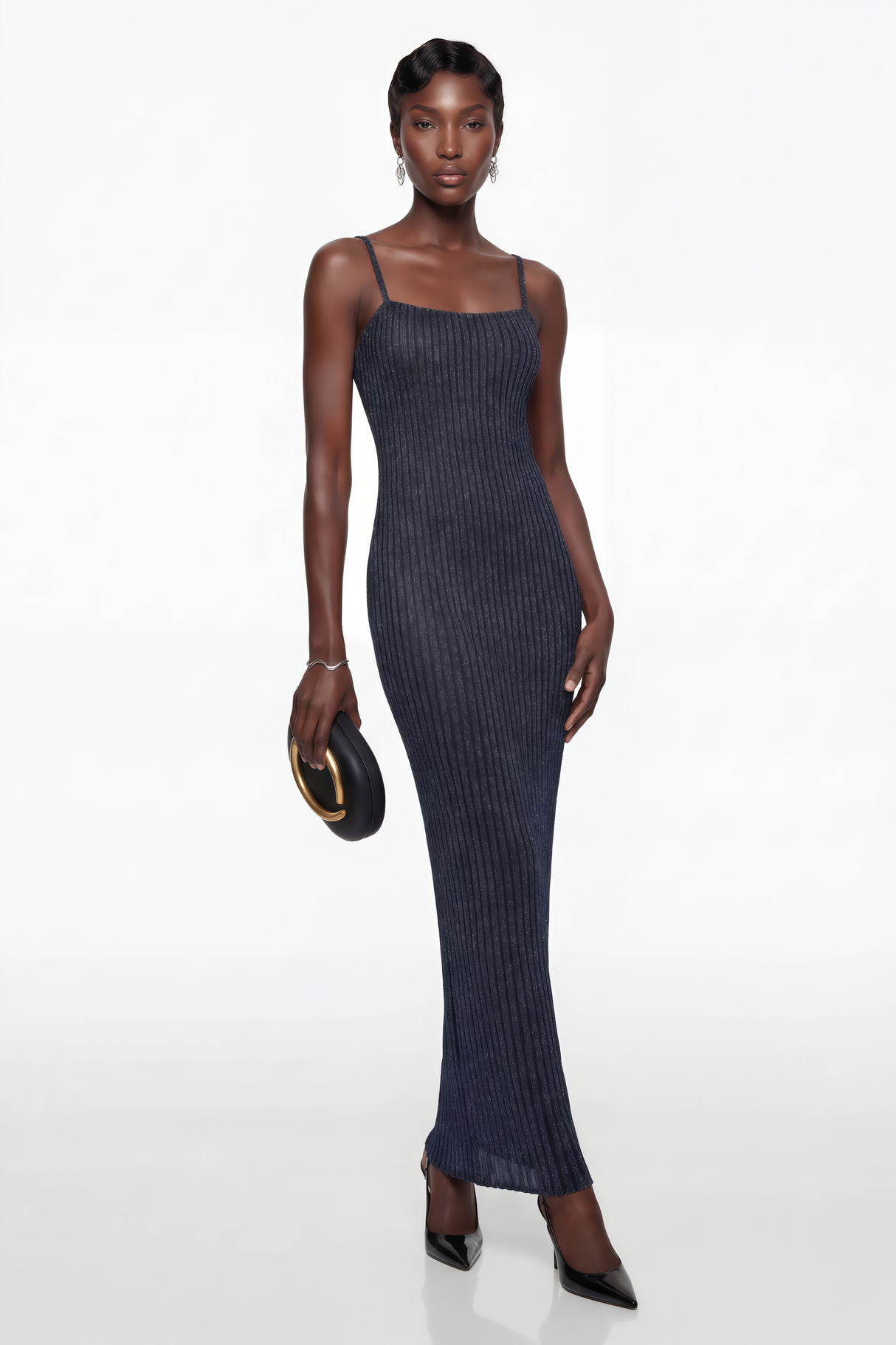 Aurohaya Eden Dark Blue Metallic Knit Maxi Dress
