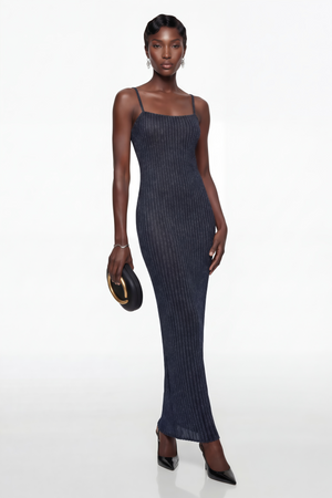 Aurohaya Eden Dark Blue Metallic Knit Maxi Dress