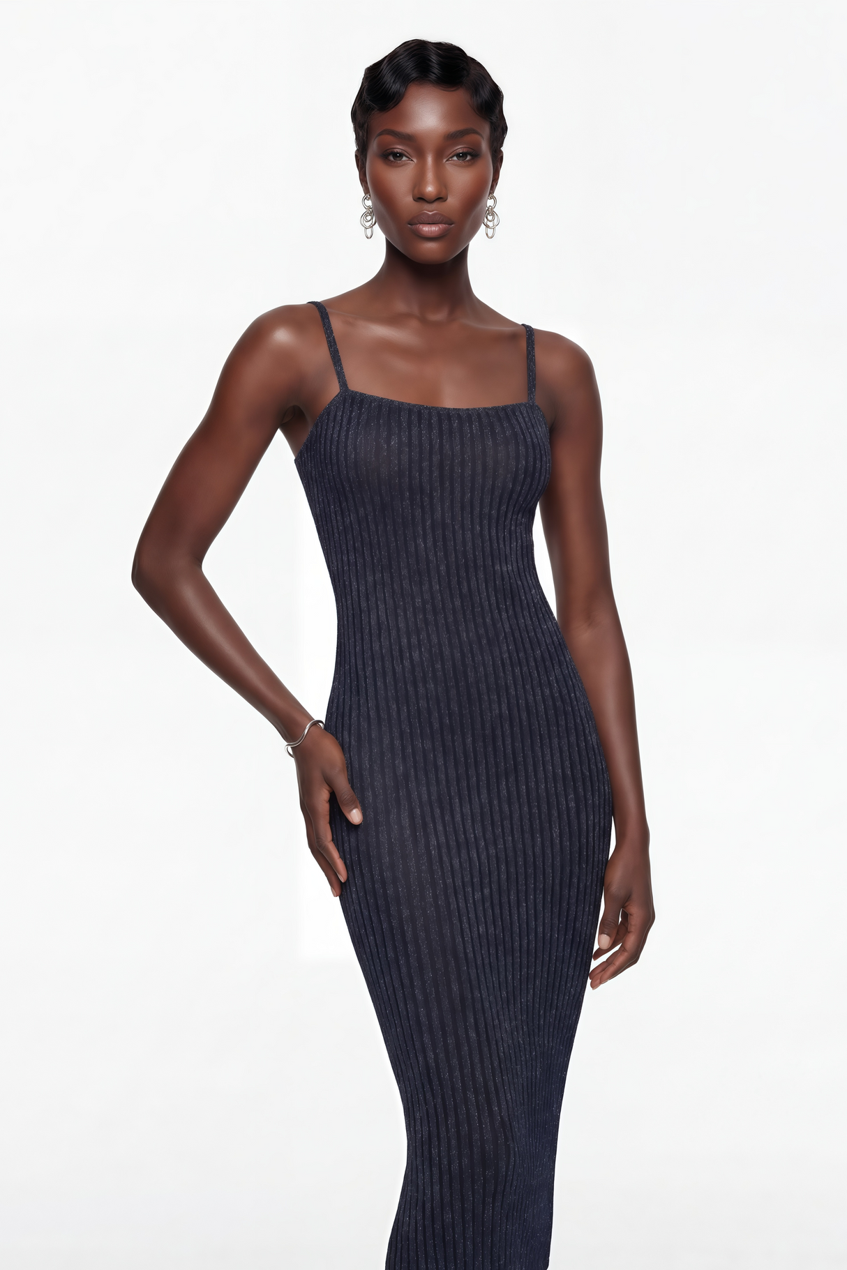 Aurohaya Eden Dark Blue Metallic Knit Maxi Dress