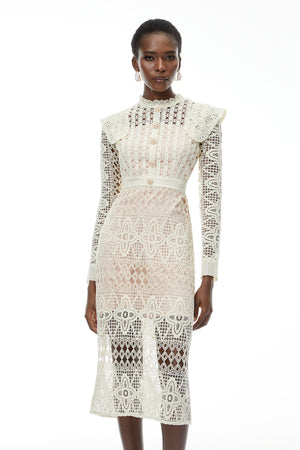 Aurohaya Eglantine Ivory Cut-Out Floral Lace Midi Dress