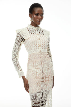 Aurohaya Eglantine Ivory Cut-Out Floral Lace Midi Dress