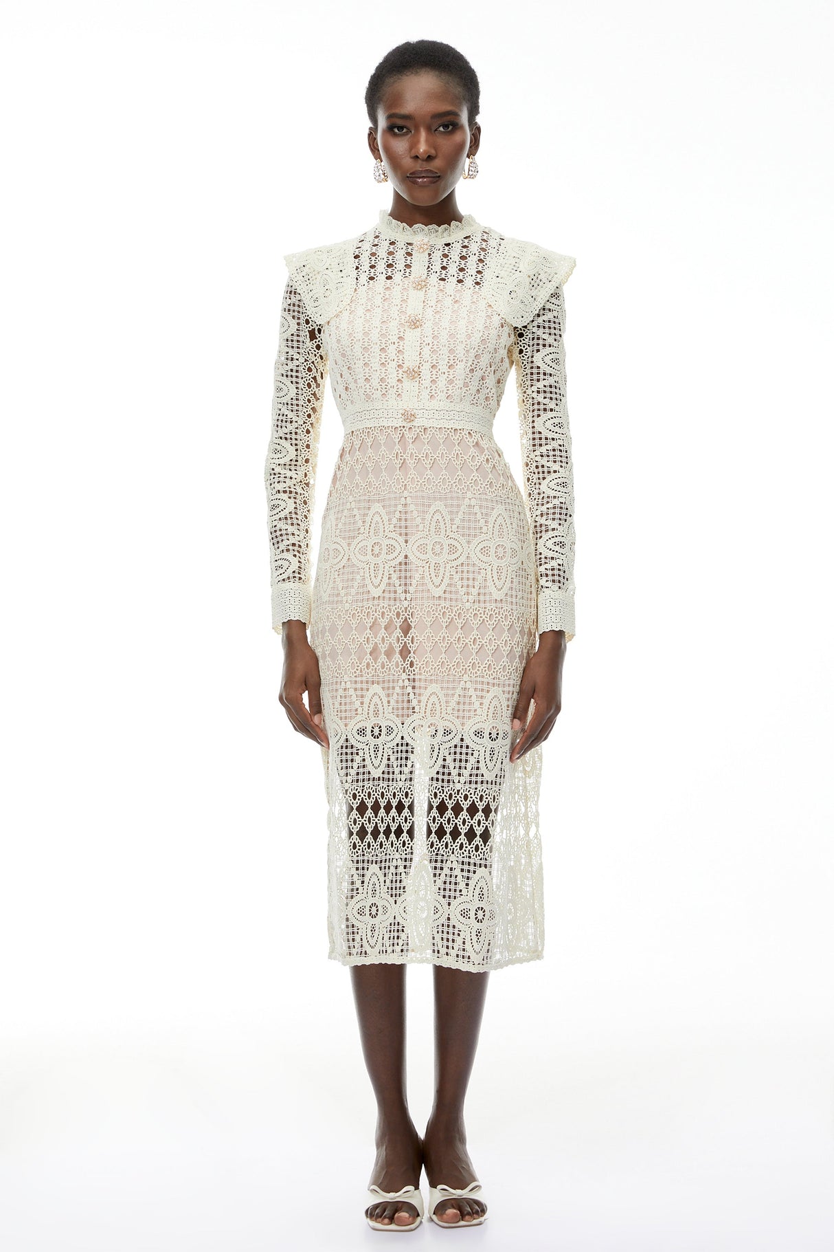 Aurohaya Eglantine Ivory Cut-Out Floral Lace Midi Dress