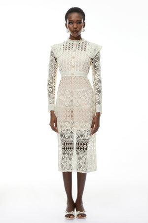 Aurohaya Eglantine Ivory Cut-Out Floral Lace Midi Dress