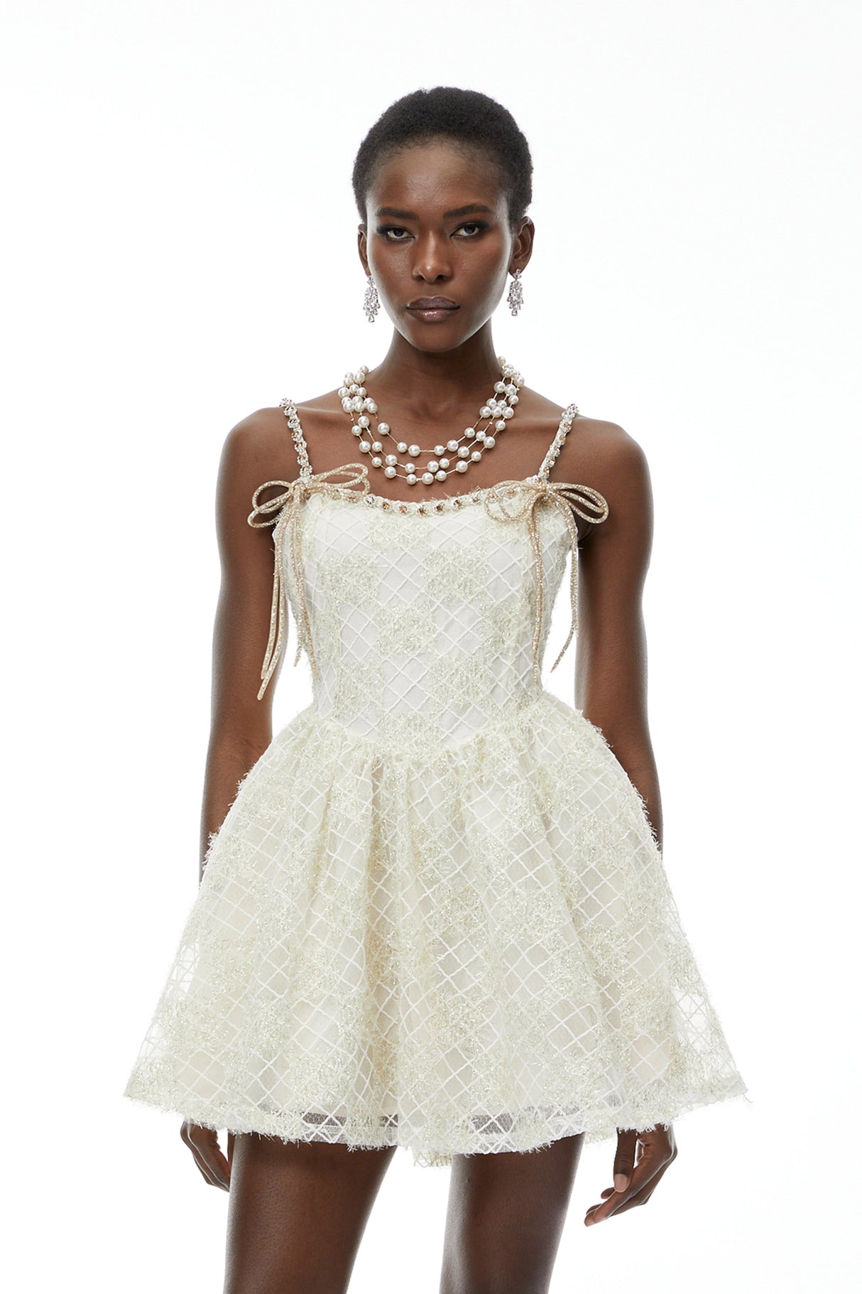 Aurohaya Eirlys Champagne Tulle Mini Dress with Bow
