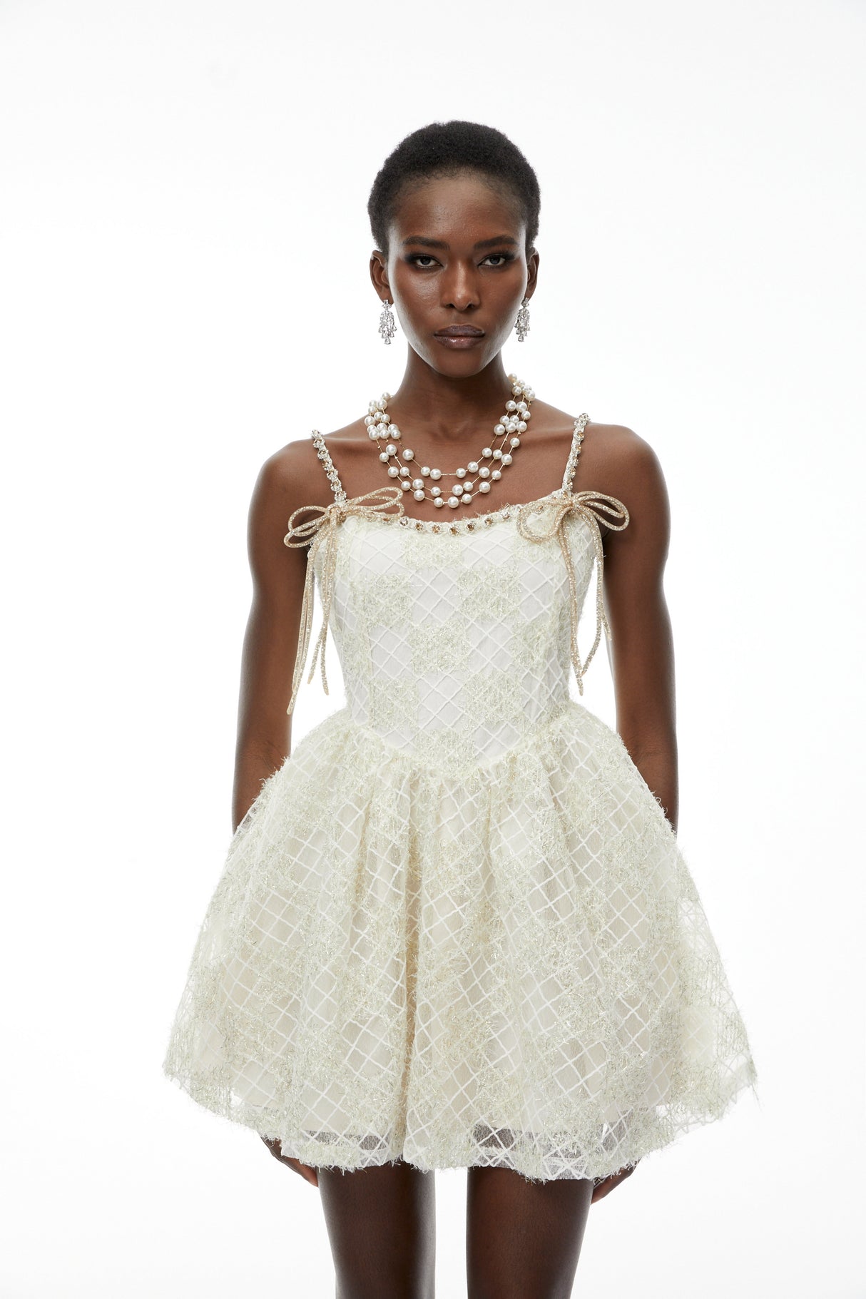 Aurohaya Eirlys Champagne Tulle Mini Dress with Bow