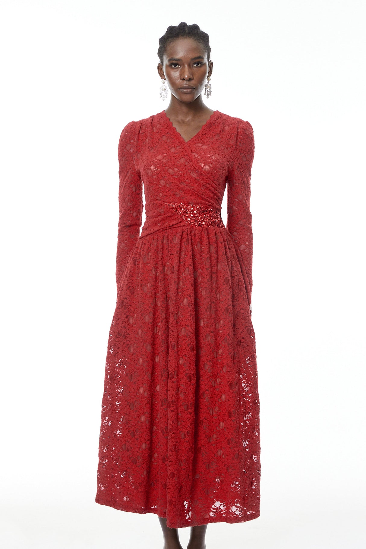 Aurohaya Eirlys Red Floral Lace Midi Dress with Embellishment