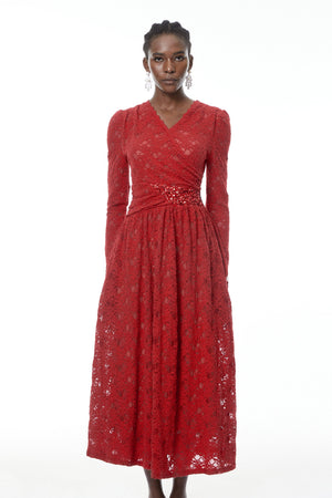 Aurohaya Eirlys Red Floral Lace Midi Dress with Embellishment