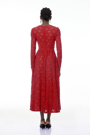 Aurohaya Eirlys Red Floral Lace Midi Dress with Embellishment