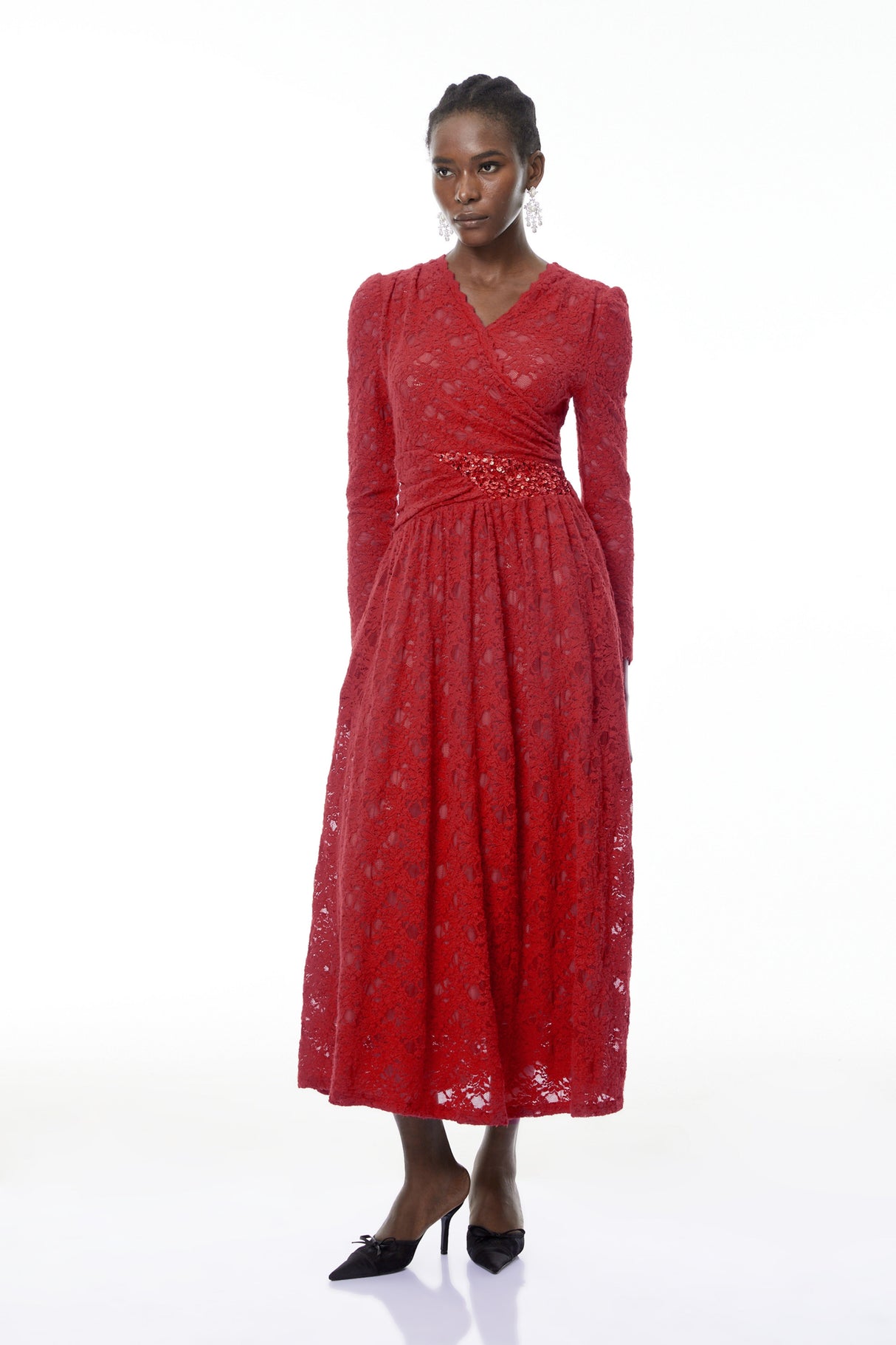 Aurohaya Eirlys Red Floral Lace Midi Dress with Embellishment