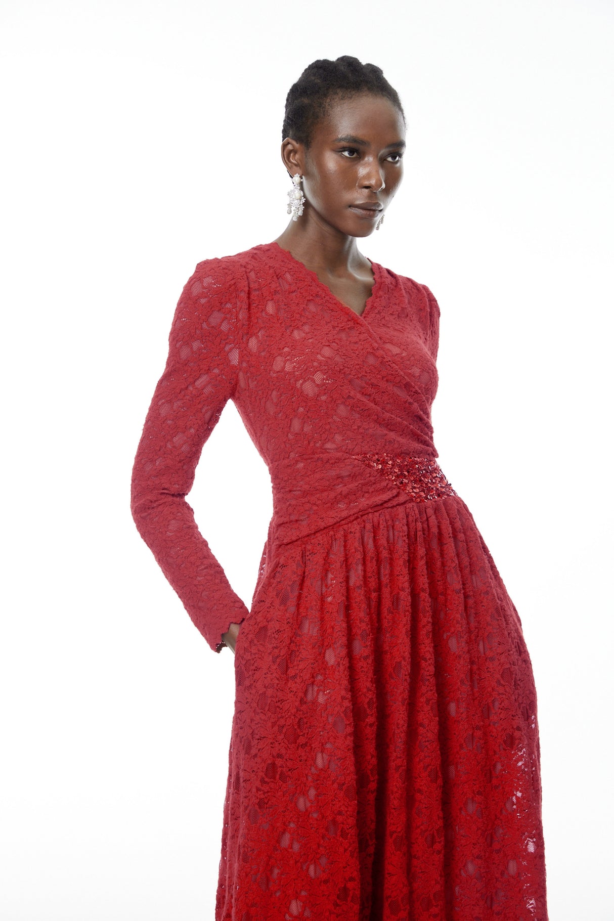 Aurohaya Eirlys Red Floral Lace Midi Dress with Embellishment