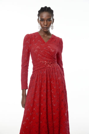 Aurohaya Eirlys Red Floral Lace Midi Dress with Embellishment