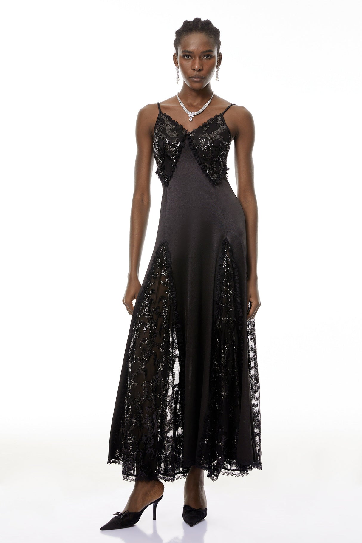 Aurohaya Elara Black Cut-Out Sequin Maxi Dress