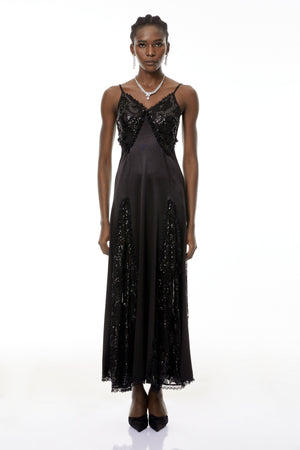 Aurohaya Elara Black Cut-Out Sequin Maxi Dress