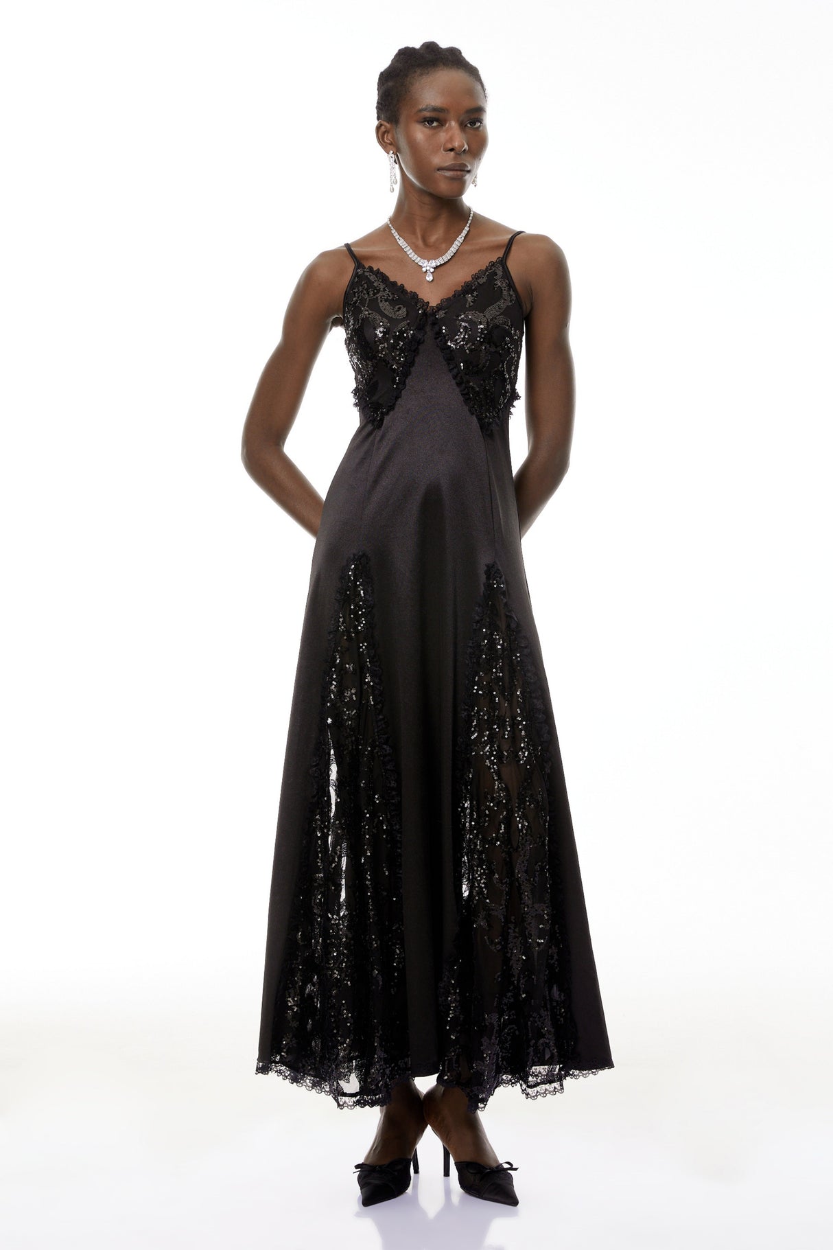 Aurohaya Elara Black Cut-Out Sequin Maxi Dress