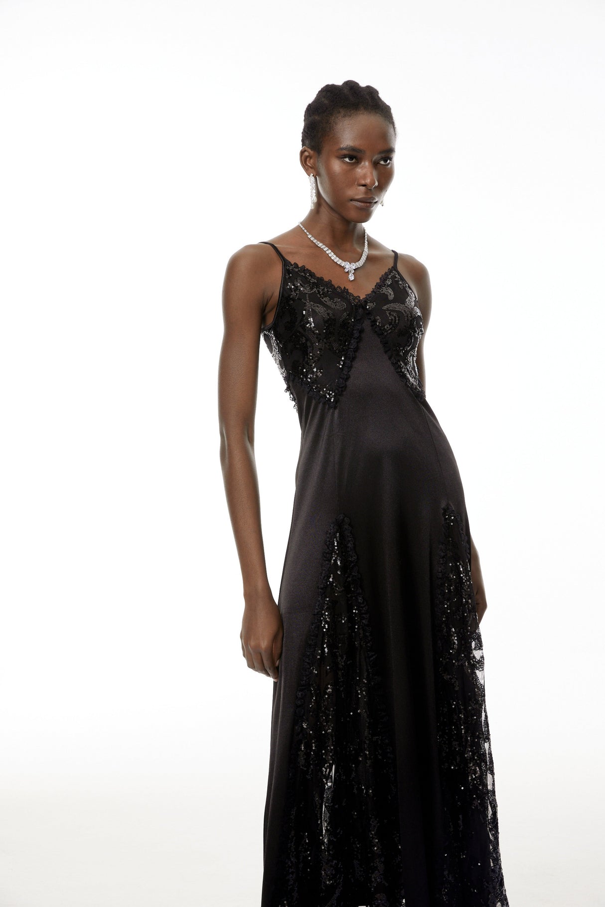Aurohaya Elara Black Cut-Out Sequin Maxi Dress